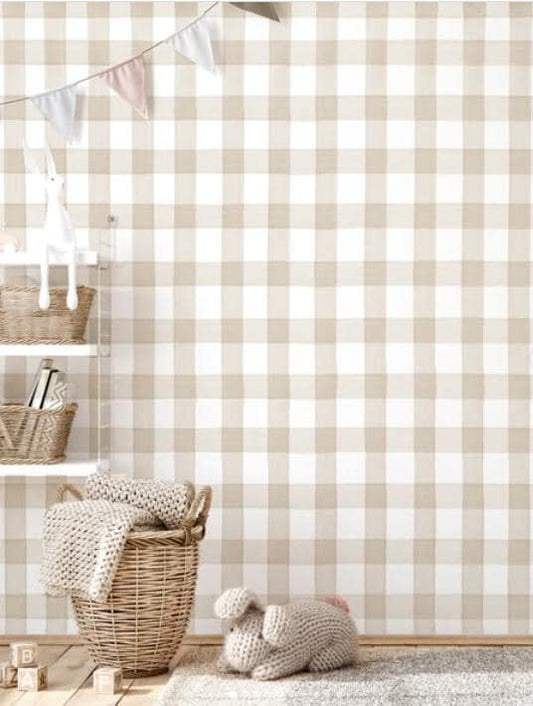 Beige Plaid Wallpaper, Watercolor Mural Nursery, Beige Baby Girl Wallpaper, School Wallpaper, Beige Baby Room Wallpaper