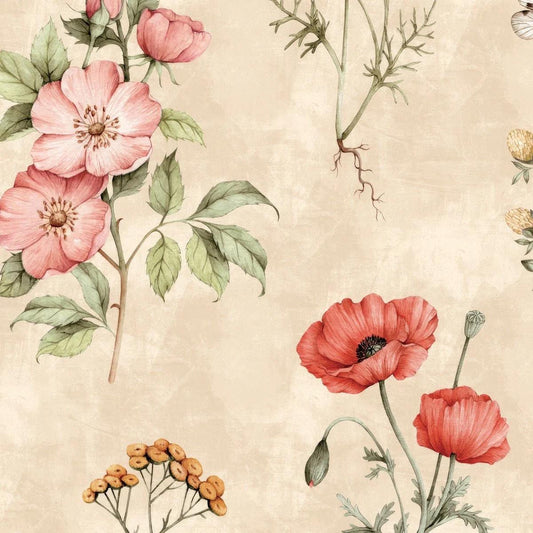 Meadow Flowers on Dark Beige Background, Flowers Baby Girl Wallpaper, Flower Garden Wallpaper, Wallpaper Nursery, Watercolor Floral Mural