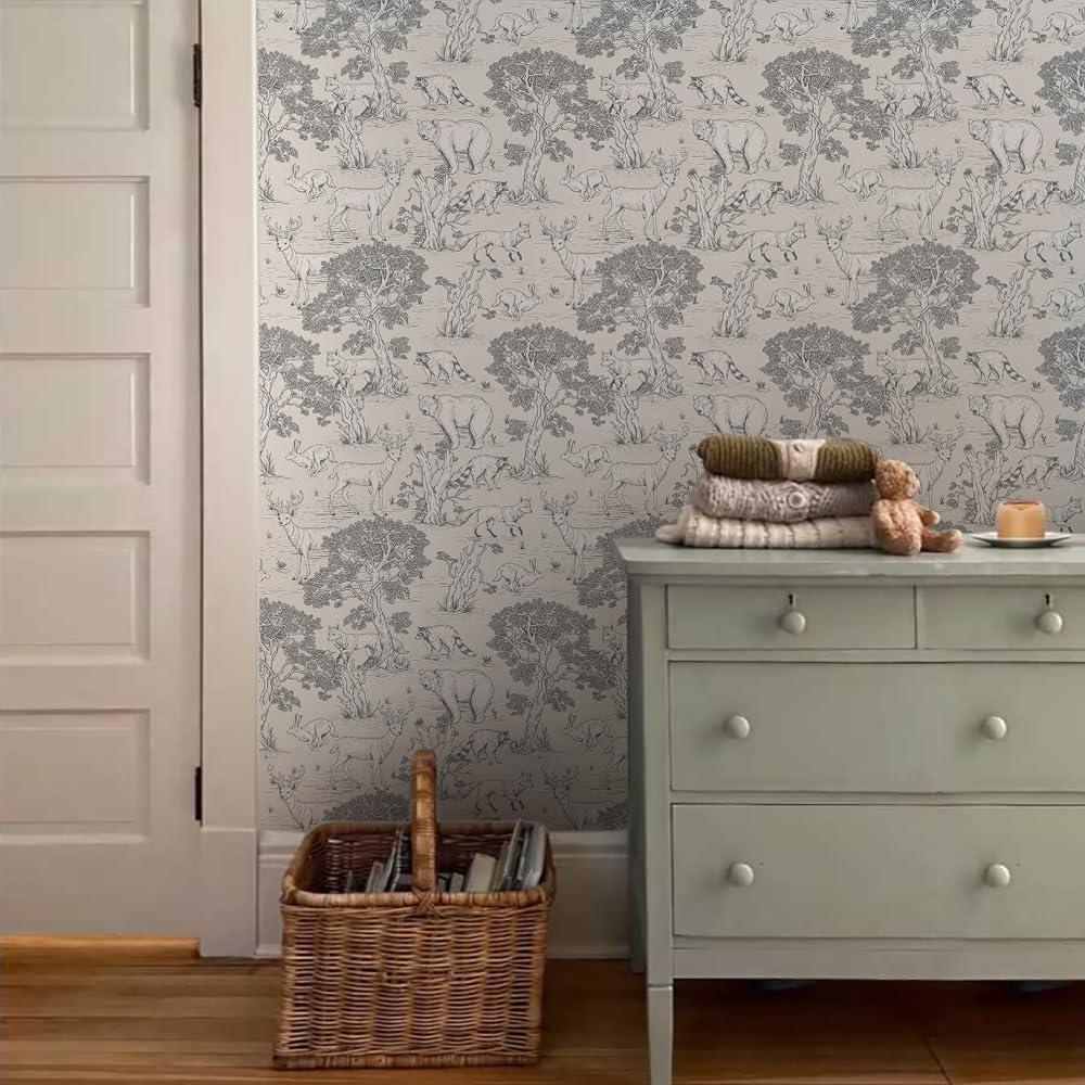 Monochrome Animals Child Wallpaper, Line Art Forest Baby Girl Wallpaper, Cute Animals Wallpaper Nursery, Drawwing Wallpaper for Kidsroom