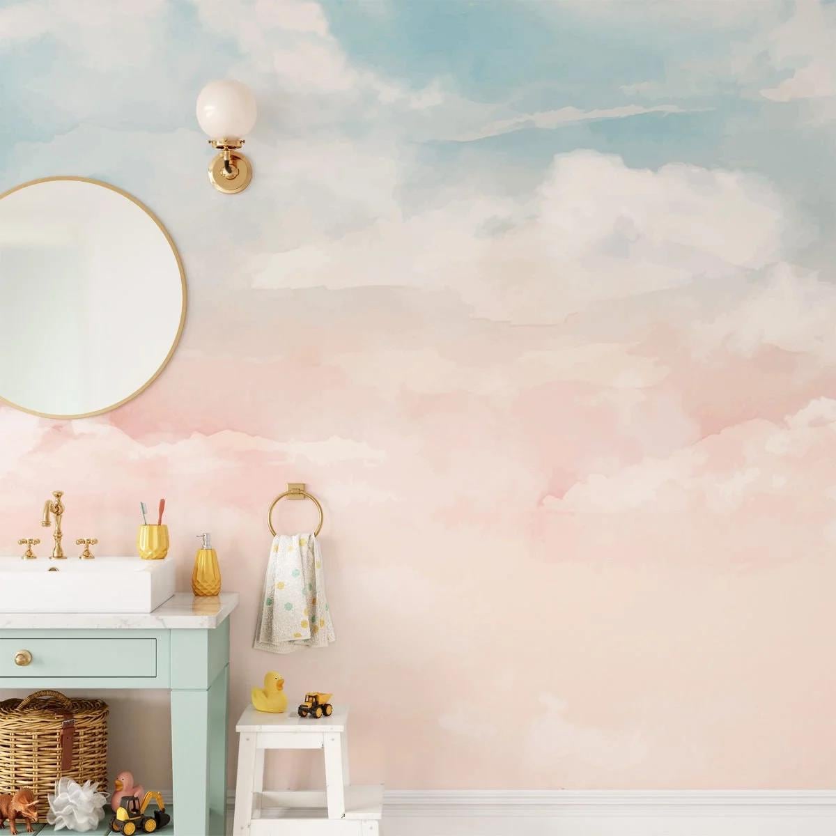 Romantic Cloud Wallpaper, Watercolor Baby Wallpaper, Sky Wall Poster, Pink and Blue Cloud Background Baby Room Wallpaper, Wallpaper Nursery