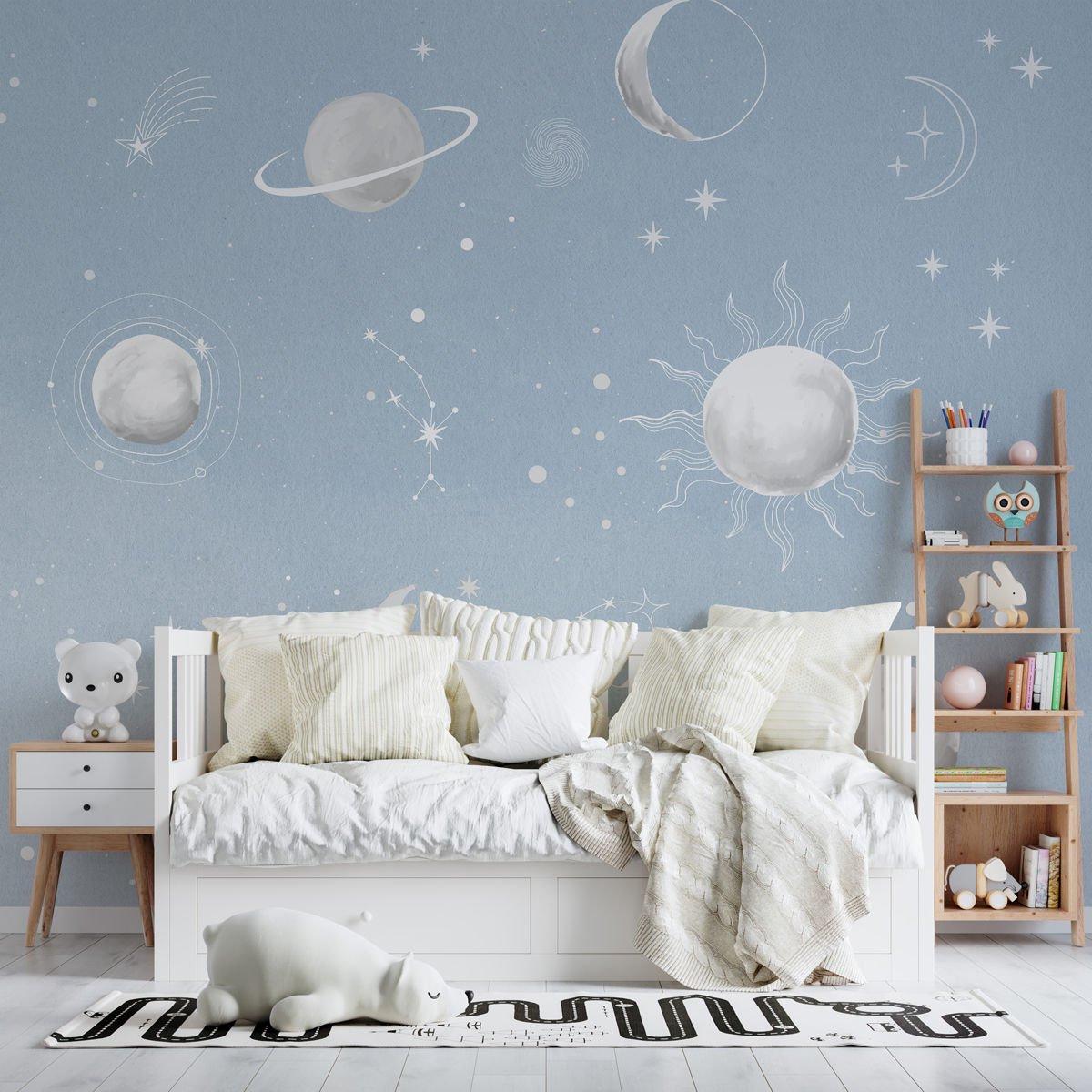 Moon Stars and Planets in The Blue Sky Kids Wallpaper, Star Team Child Wallpaper, Wallpaper Nursery, Blue Baby Wallpaper, Stars Wall Poster