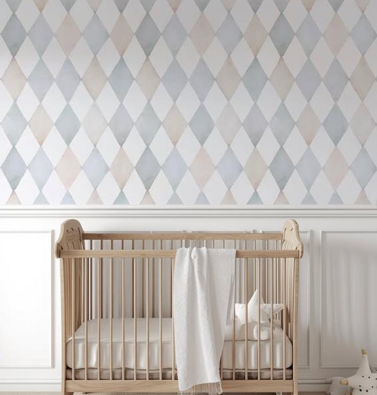 Harlequin Pattern Kidsroom Wallpaper, Watercolor Mural Nursery, Pink and Blue Baby Wallpaper, School Wallpaper, Diamond Baby Room Wallpaper