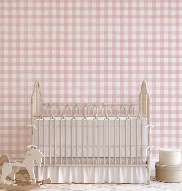 Pink Mini Plaid Wallpaper, Watercolor Mural Nursery, Pink Baby Girl Wallpaper, School Wallpaper, Pink Baby Room Wallpaper