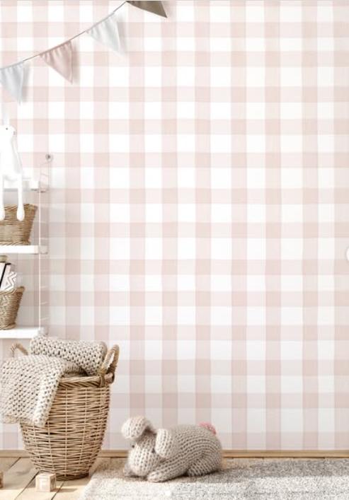 Pink Mini Plaid Wallpaper, Watercolor Mural Nursery, Pink Baby Girl Wallpaper, School Wallpaper, Pink Baby Room Wallpaper