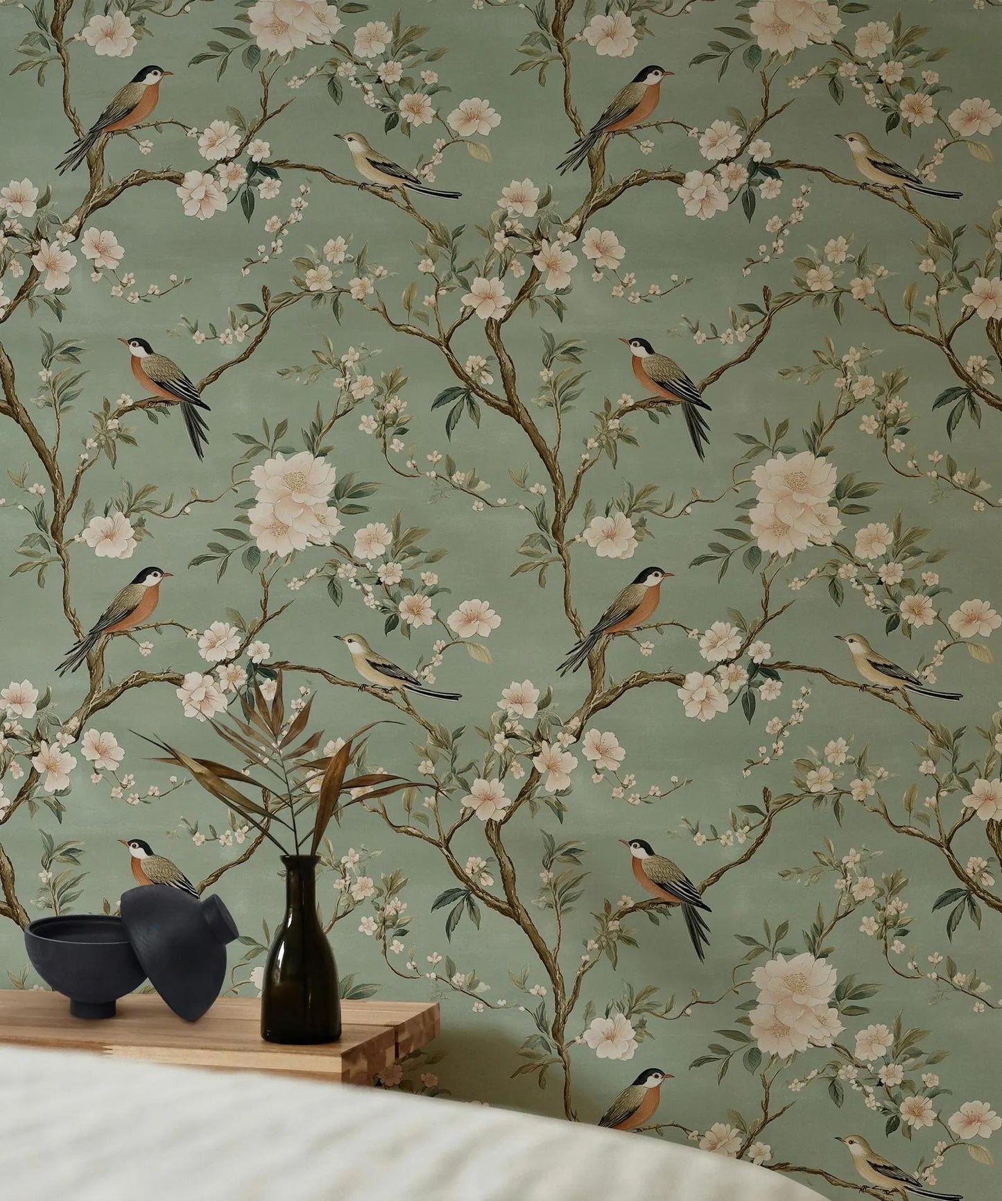 Elegance of Nature Hand-Drawn Green Background Wallpaper with Birds and Flowers, Vintage Floral Pattern Wallpaper, Romantic Drawing Mural