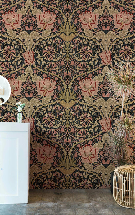 William Morris Honeysuckle Wallpaper, Vintage Nature Wallpaper, Romantic Wall Mural, Peel and Stick Wallpaper, Drawing Art Wallpaper