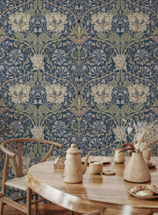 William Morris Indigo Wallpaper, Vintage Nature Wallpaper, Romantic Wall Mural, Peel and Stick Wallpaper, Drawing Art Wallpaper