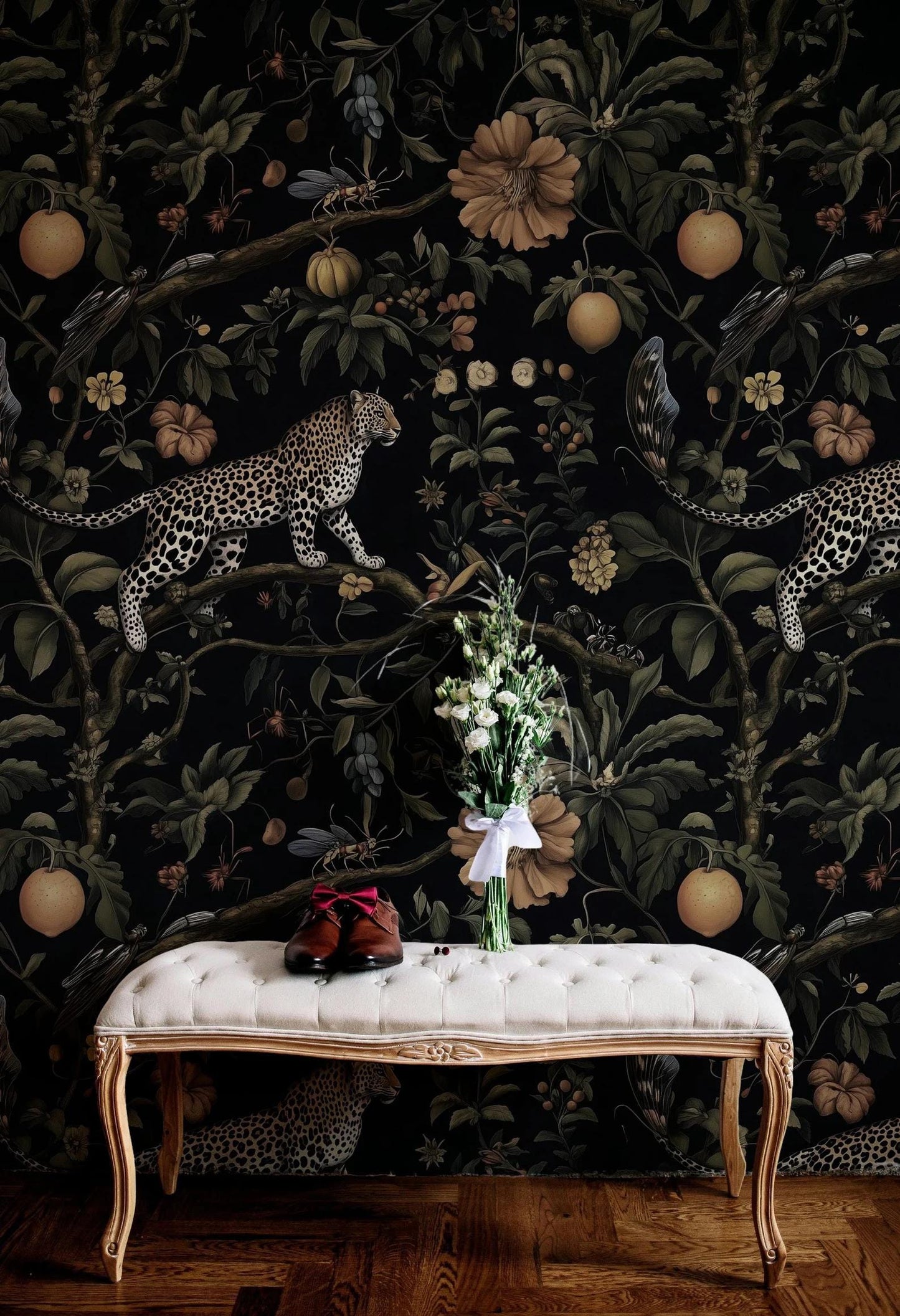 Exotic Fruits Flowers and Wild Leopard in Dark Jungle Wallpaper, Black Tropical Animal and Nature Wallpaper, Botanical and Lemon wallpaper