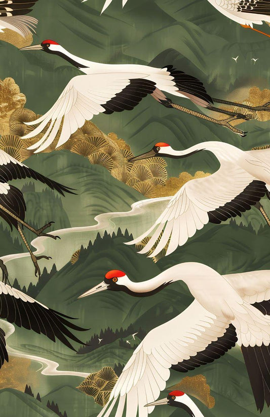Crane Birds Flying in Green Sky Wallpaper, Mystic Artistic Wallpaper, Romantic Wall Mural, Peel and Stick Wallpaper, Bohemian Wallpaper
