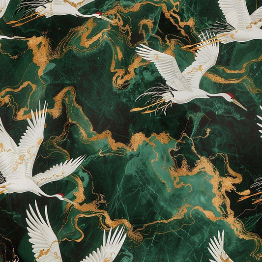 Crane Birds on Emerald Background Wallpaper, Mystic Artistic Wallpaper, Romantic Wall Mural, Peel and Stick Wallpaper, Bohemian Wallpaper