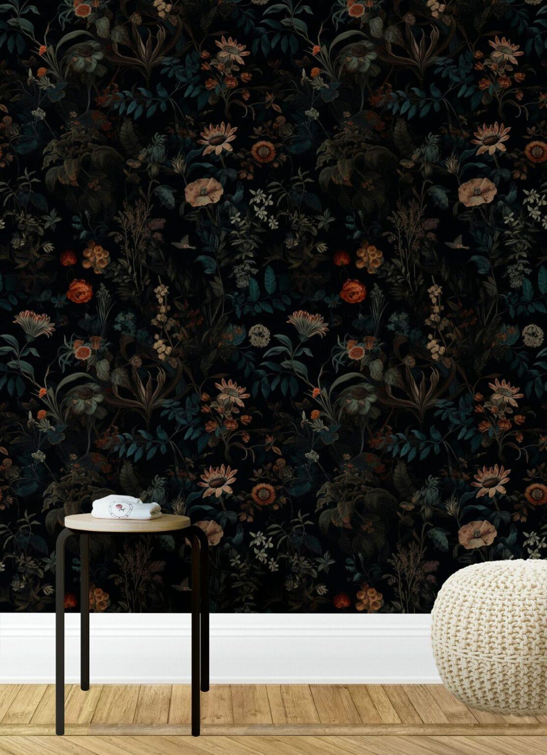 Elegant Dark Botanical Garden Wallpaper, Exotic Flowers on black Background, Mystic Wallpaper, Floral Wallpaper, Bohemian Wallpaper