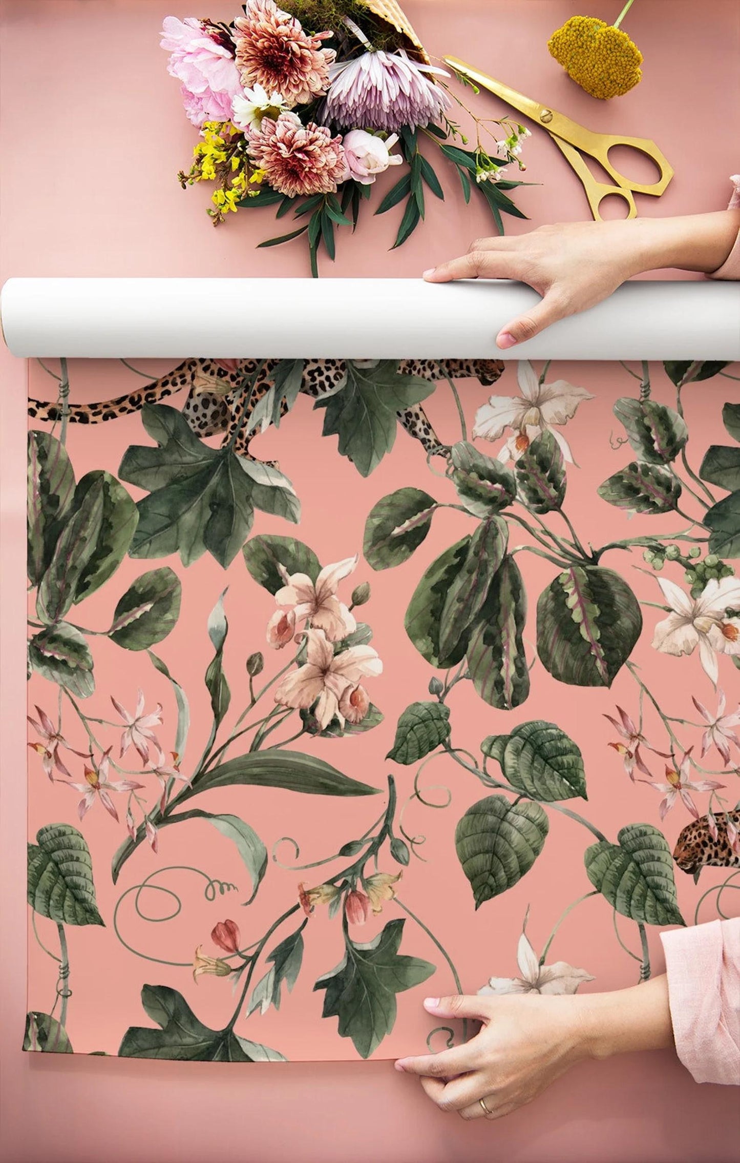 Leopard in Pink Jungle Wallpaper, Exotic Tropical Animal and Nature Wallpaper, Botanical Wallpaper, Floral Wallpaper