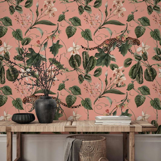 Leopard in Pink Jungle Wallpaper, Exotic Tropical Animal and Nature Wallpaper, Botanical Wallpaper, Floral Wallpaper