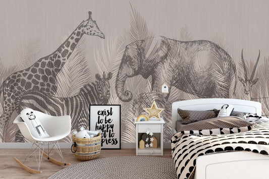Shadows of Safari Animals Wallpaper, Giraffe Elephant Lion Zebra Gazelle Wallpaper, Exotic Jungle Wallpaper, Drawing Africa Wall Mural