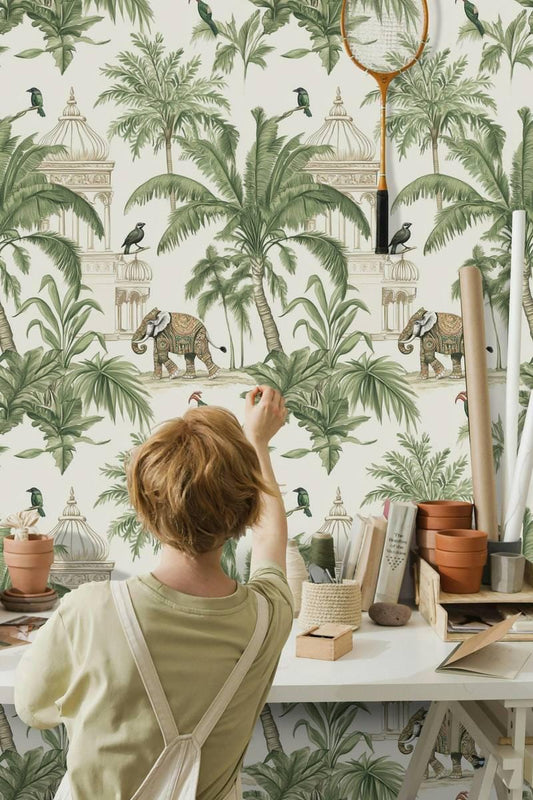 Exotic Forest Wallpaper, Tropical Animal and Nature Wallpaper, Elephant and Trees Botanical Wallpaper, Indian Gardens Wallpaper