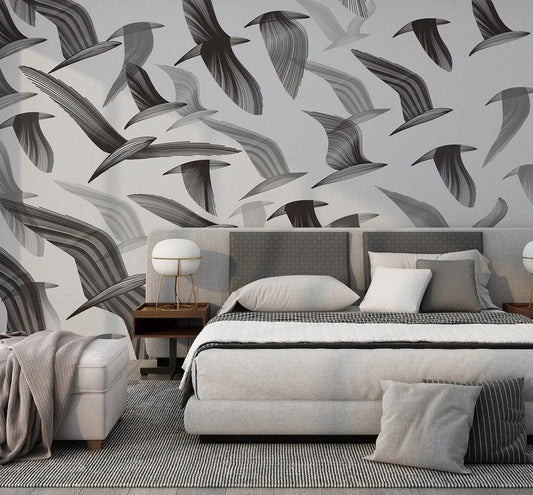 Black Birds Wallpaper, Illustration Birds Pattern Wallpaper, Bathroom Wallpaper, Drawing Wall Mural, Bedroom Wallpaper, Nature Wallpaper