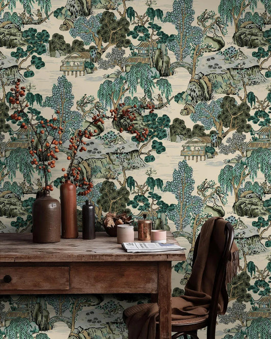 Japanese Garden Wallpaper, Bohemian Art Wallpaper, Trees Peel and Stick Wallpaper, Antique Botany Drawwing Wallpaper, Dark Green Wallpaper
