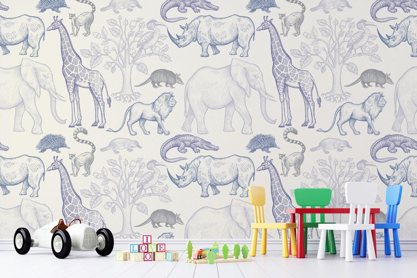 Blue Wild Animal Figures Kids Wallpaper, Illustration Wallpaper Nursery, Peel and Stick Wallpaper, Watercolor Wallpaper, Wallpaper For Baby
