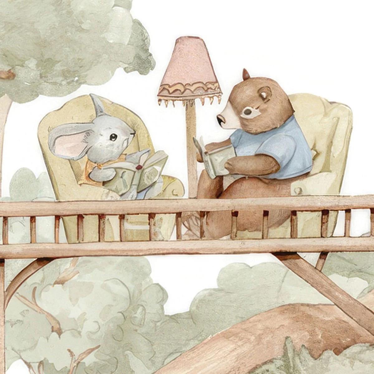 Fairytale Forest Village Kids Wallpaper, Kidsroom Art Wallpaper, Watercolor Animals Wallpaper Nursery, Nature Kids Wallpaper, Baby Wallpaper