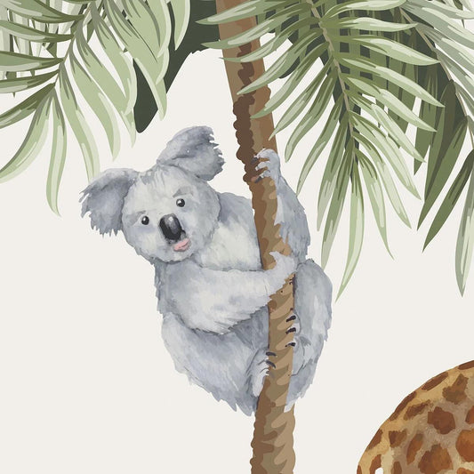 Watercolor Jungle Animals Wallpaper Nursery with Light Sky, Nature Kids Wallpaper, Forest Child Wallpaper, Drawwing Jungle Baby Wallpaper