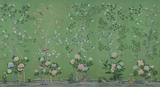 Green Background Wallpaper with Birds and Flowers, Vintage Floral Pattern Wallpaper, Romantic Drawing Mural, Elegant Chinoiserie Wallpaper