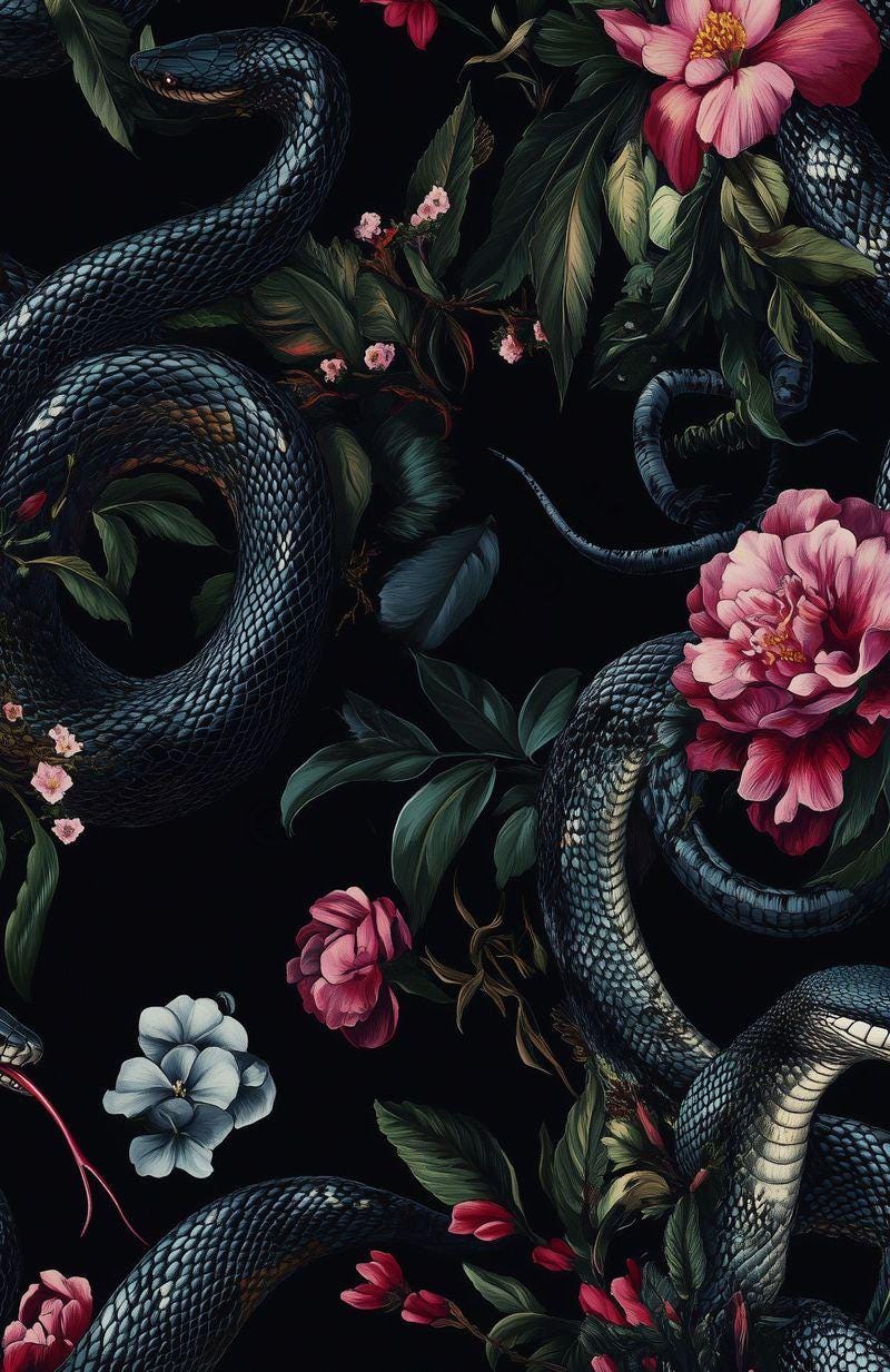 Snakes and Flowers Wallpaper, Dark Botanical Wallpaper, Botanical Night Wallpaper, Colourful Exotic Plants on Black Background Wallpaper