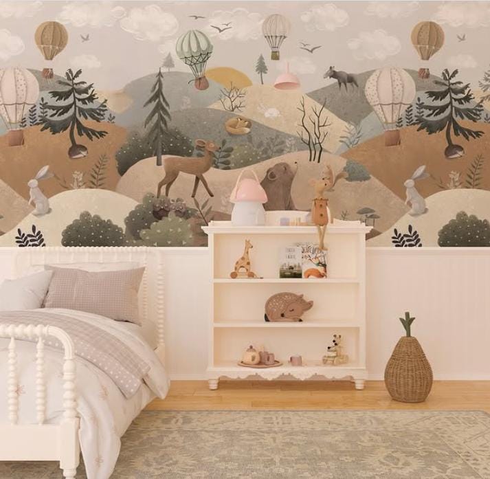 Illustration Forest Kids Wallpaper, Animals Wallpaper for Childroom, Wallpaper Nursery, Watercolor Baby Wallpaper, Peaceful Forest wallpaper