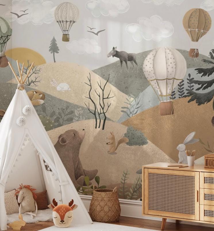 Illustration Forest Kids Wallpaper, Animals Wallpaper for Childroom, Wallpaper Nursery, Watercolor Baby Wallpaper, Peaceful Forest wallpaper