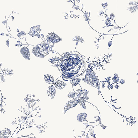 Blue Vintage Flower Wallpaper, Chinese Style Floral Pattern Wall Mural, Romantic Drawing Wall Poster, Bleu Blanc Wallpaper