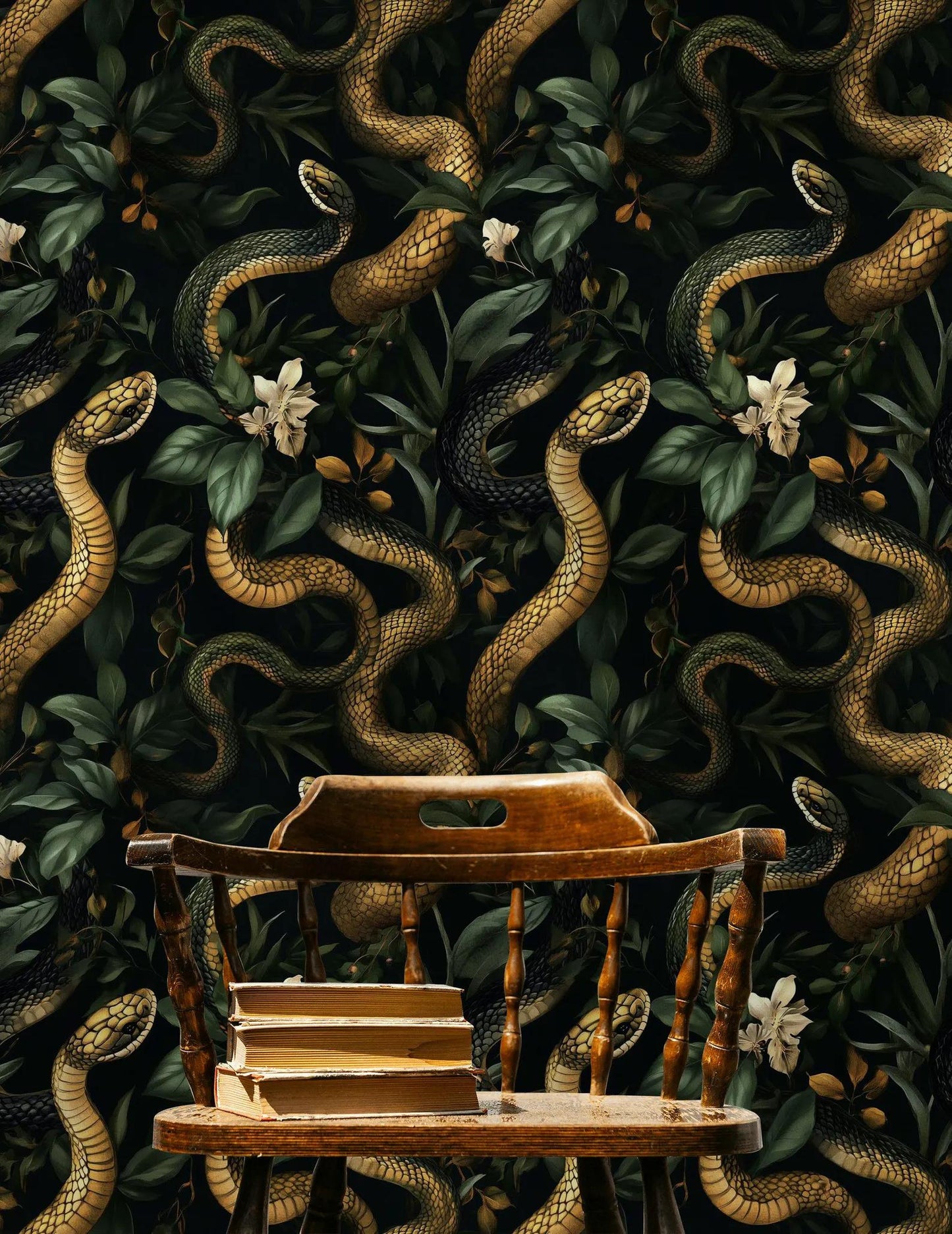 Gold Snakes With Ivy Wallpaper, Dark Botanical Wallpaper, Botanical Night Wallpaper, Colourful Exotic Plants on Black Background Wallpaper