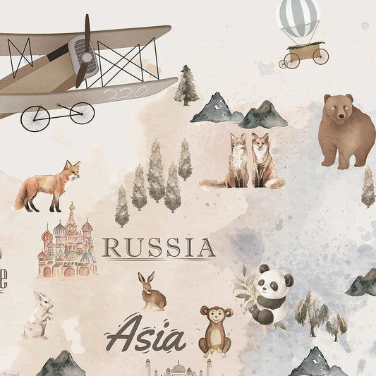World Map Animal and Planes Wallpaper For Kidsroom, Child Wallpaper , Peel and Stick Wall Mural Nursery, Cute Baby Wallpaper, Baby Boy Mural