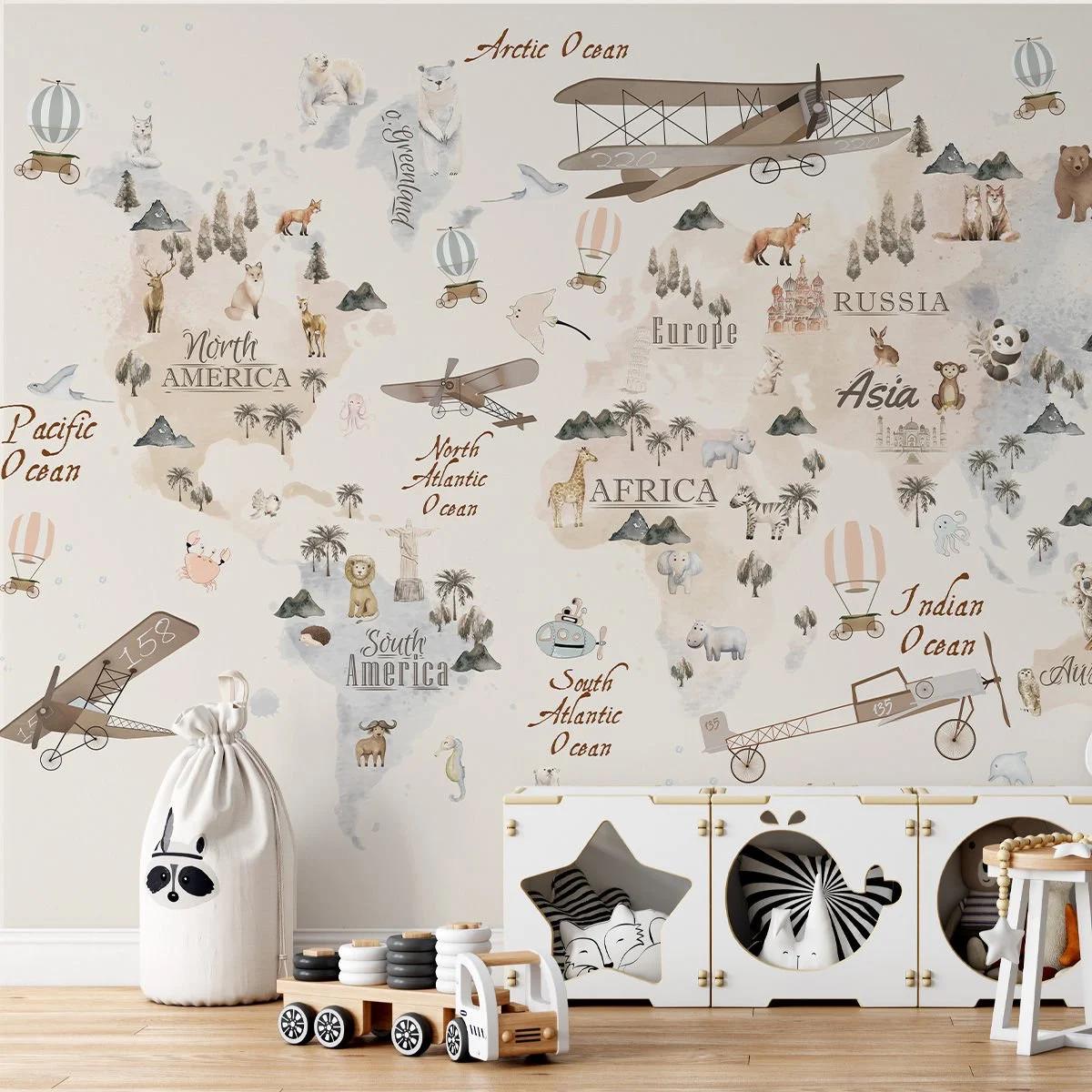 World Map Animal and Planes Wallpaper For Kidsroom, Child Wallpaper , Peel and Stick Wall Mural Nursery, Cute Baby Wallpaper, Baby Boy Mural
