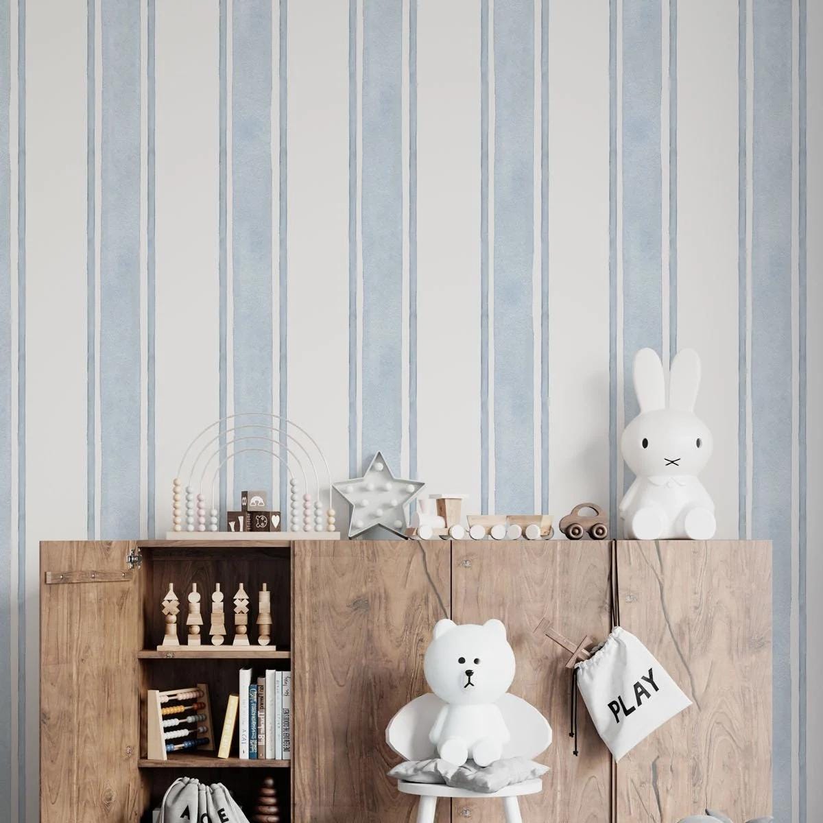 Blue Design Lines Kidsroom Wallpaper, Watercolor Kid Mural, Wallpaper Nursery, School Wallpaper, Blue Baby Room Wallpaper