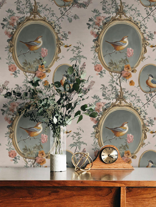 Vintage Birds and Flowers, Nature Frame Wallpaper, Vintage Floral Pattern Wallpaper, Romantic Drawing Mural, Elegant Chinoiserie Wallpaper
