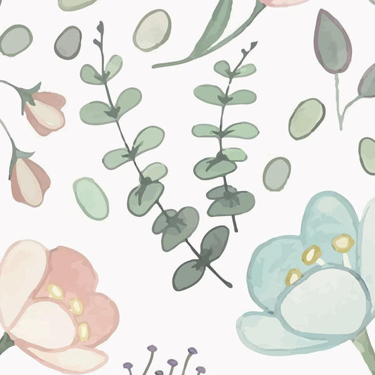 Cherry Blossoms and Green Leaves Wallpaper, Illustration Flowers Garden Baby Girl Wallpaper, Wallpaper Nursery, Watercolor Floral Baby Mural