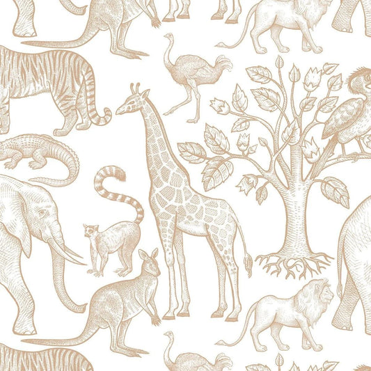 Beige Monochrome Animals Child Wallpaper, Line Art Forest Baby Wallpaper, Cute Animals Wallpaper Nursery, Drawwing Wallpaper for Kidsroom