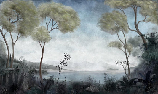 Blue Sea Tropical Pattern 3D Wallpaper, Tual Wallpaper, Nature Mural, Painting Wallpaper, Peel and Stick Wallpaper, Green and Blue Wallpaper