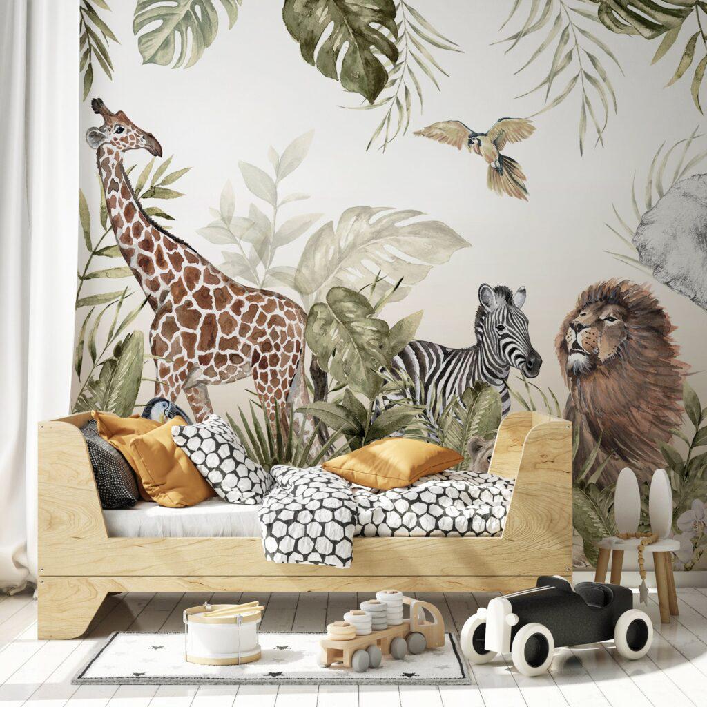 Wildlife Safari Lion Leopard Elephant Giraffe Wallpaper for Kidsroom, Child Wallpaper, Peel and Stick Wall Mural Nursery, Jungle Wallpaper