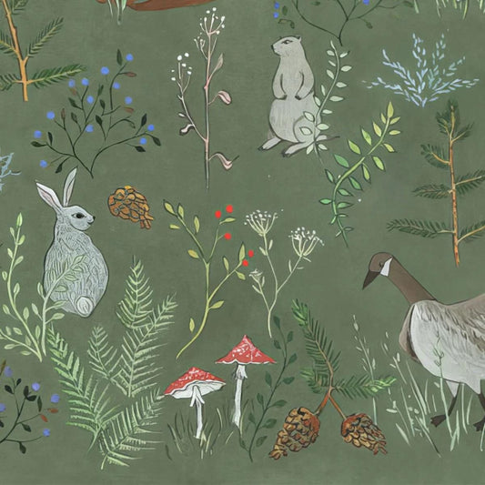 Green Forest Animals Kids Wallpaper, Animals Wallpaper for Childroom, Wallpaper Nursery, Watercolor Baby Wallpaper, Funny Illustration Mural