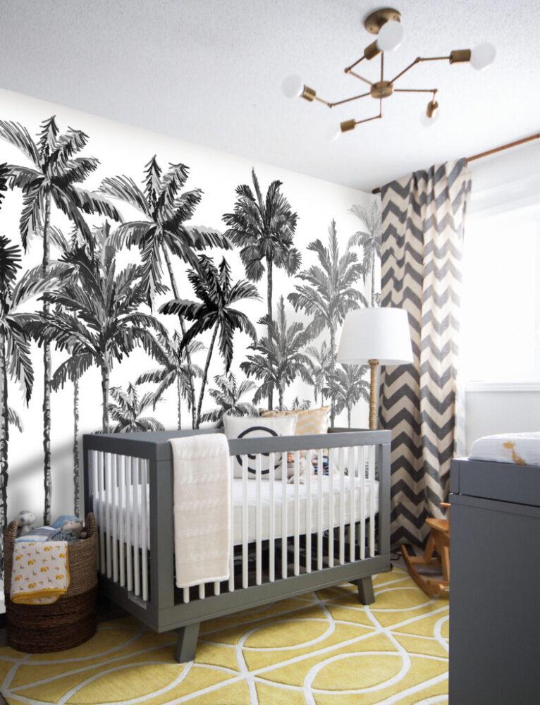 Black and White Tropical Trees Wallpaper, Dark Gray Wallpaper, Palm Wall Mural, Peel and Stick Wallpaper, Stylish Room Design, Wall Design