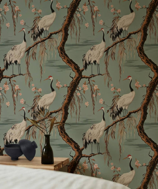 Crane Birds and Cherry Blossom Wallpaper River Green Tones, Special Design Romantic Wallpaper, Birds Wallpaper, Vintage Nature Wallpaper