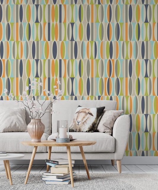 Retro Pattern Abstract Oval Wallpaper in Vintage Colors, Stylish Modern Lines Artistic 3D Wall Poster, Geometric Wallpaper, Boho Wallpaper