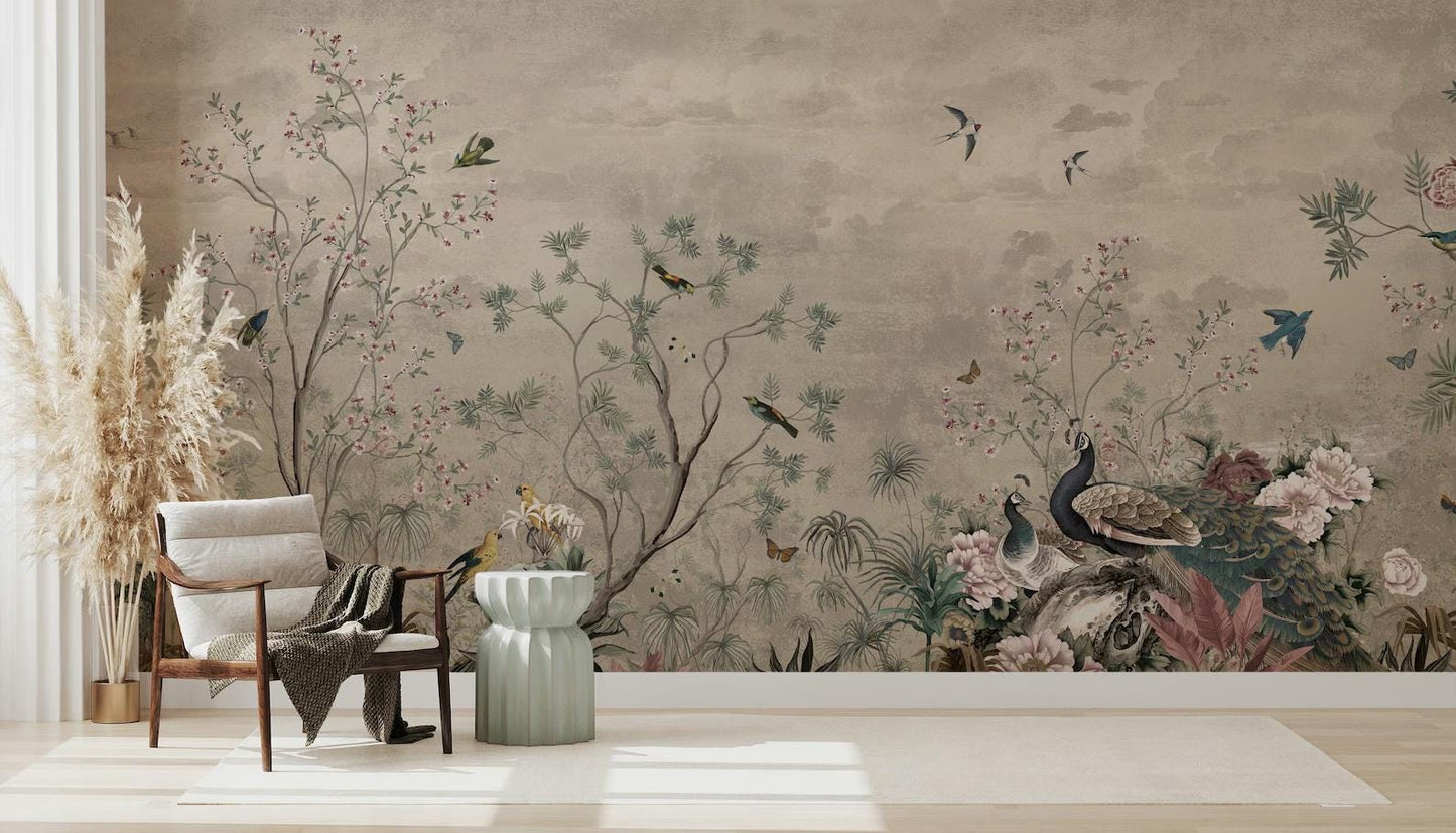 Birds and Nature Wallpaper, Peel and Stick Wall Mural, Drawing Floral Wall Poster, Safe World Wallpaper, Chinoiserie Vintage Wallpaper