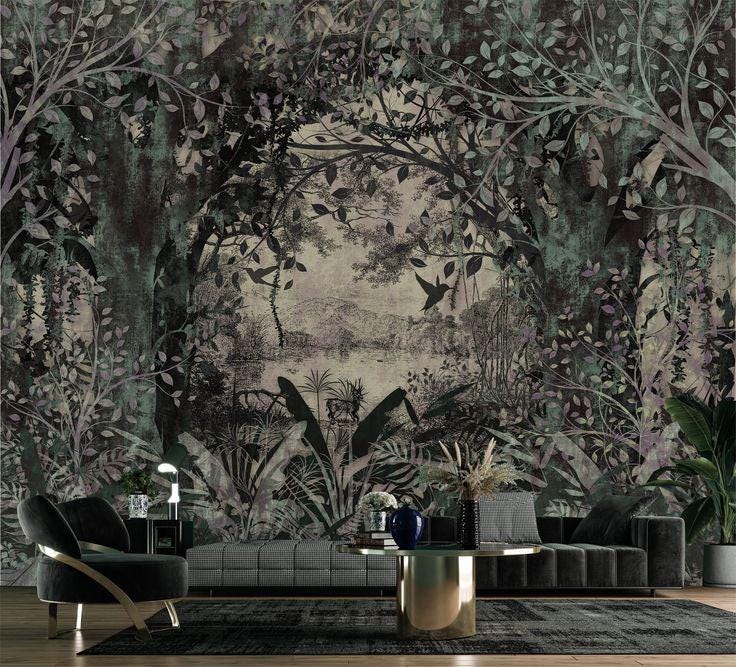 Classic Old Style Landscape Vintage Forest Wallpaper, Trees Wallpaper, Bohemian Wall Mural, Peel and Stick Wallpaper, Mystic Room Design