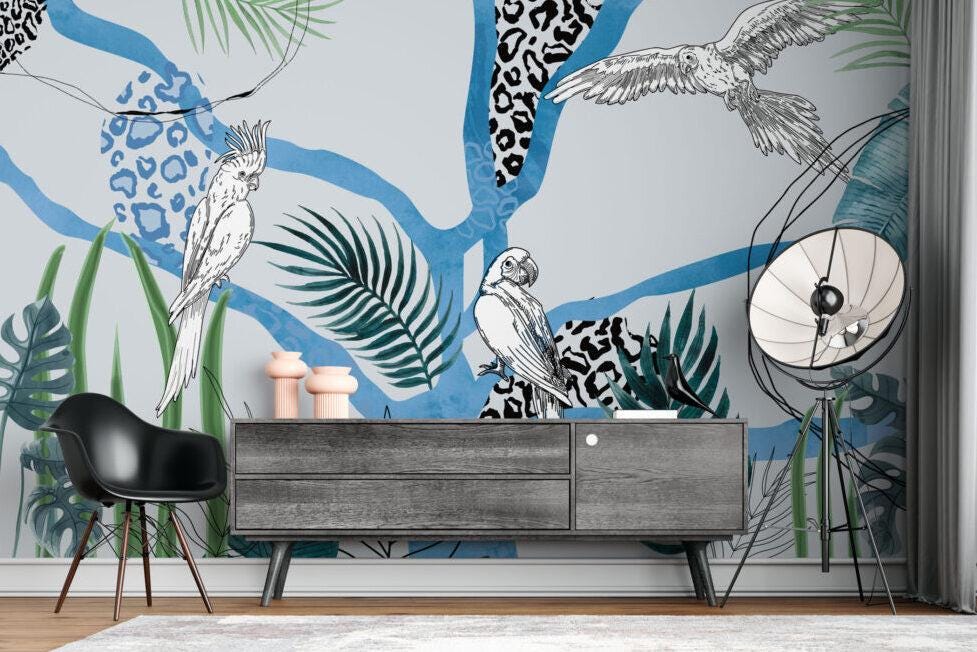 Parrot and Plant Patterned 3D Wallpaper, Tropical Wallpaper, Blue Wallpaper, Illustration Mural, Peel and Stick Wallpaper, Wall Design