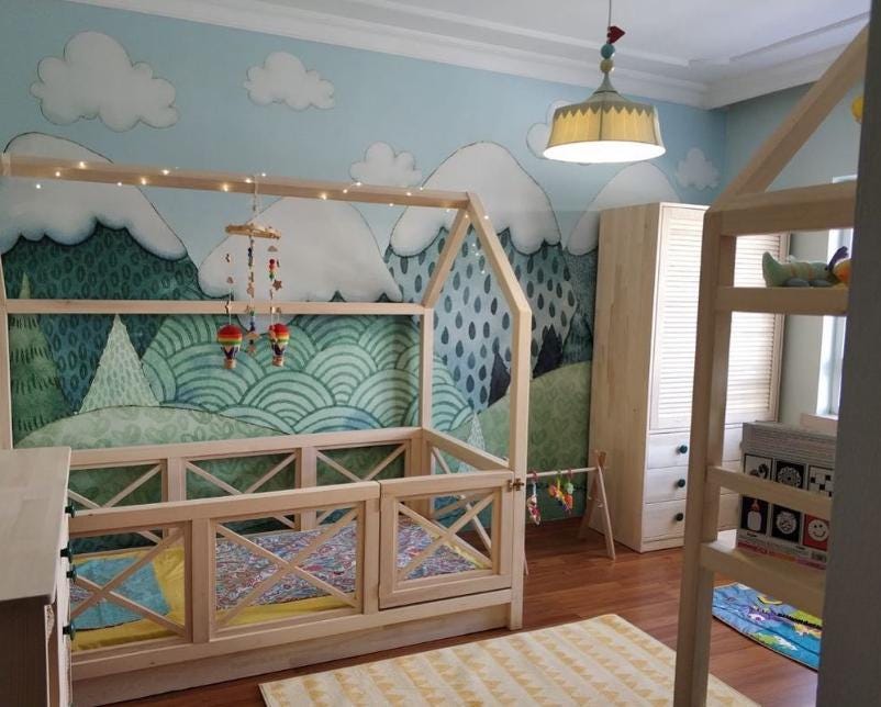 Illustration Mountain 3D Kids Wallpaper, Green Wall Poster, Drawwing Child Wallpaper, Funny Baby Wallpaper, Colourful Watercolor Nursery