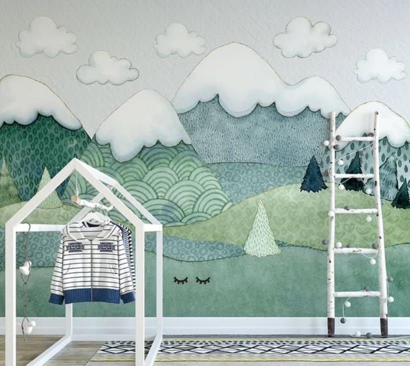 Illustration Mountain 3D Kids Wallpaper, Green Wall Poster, Drawwing Child Wallpaper, Funny Baby Wallpaper, Colourful Watercolor Nursery