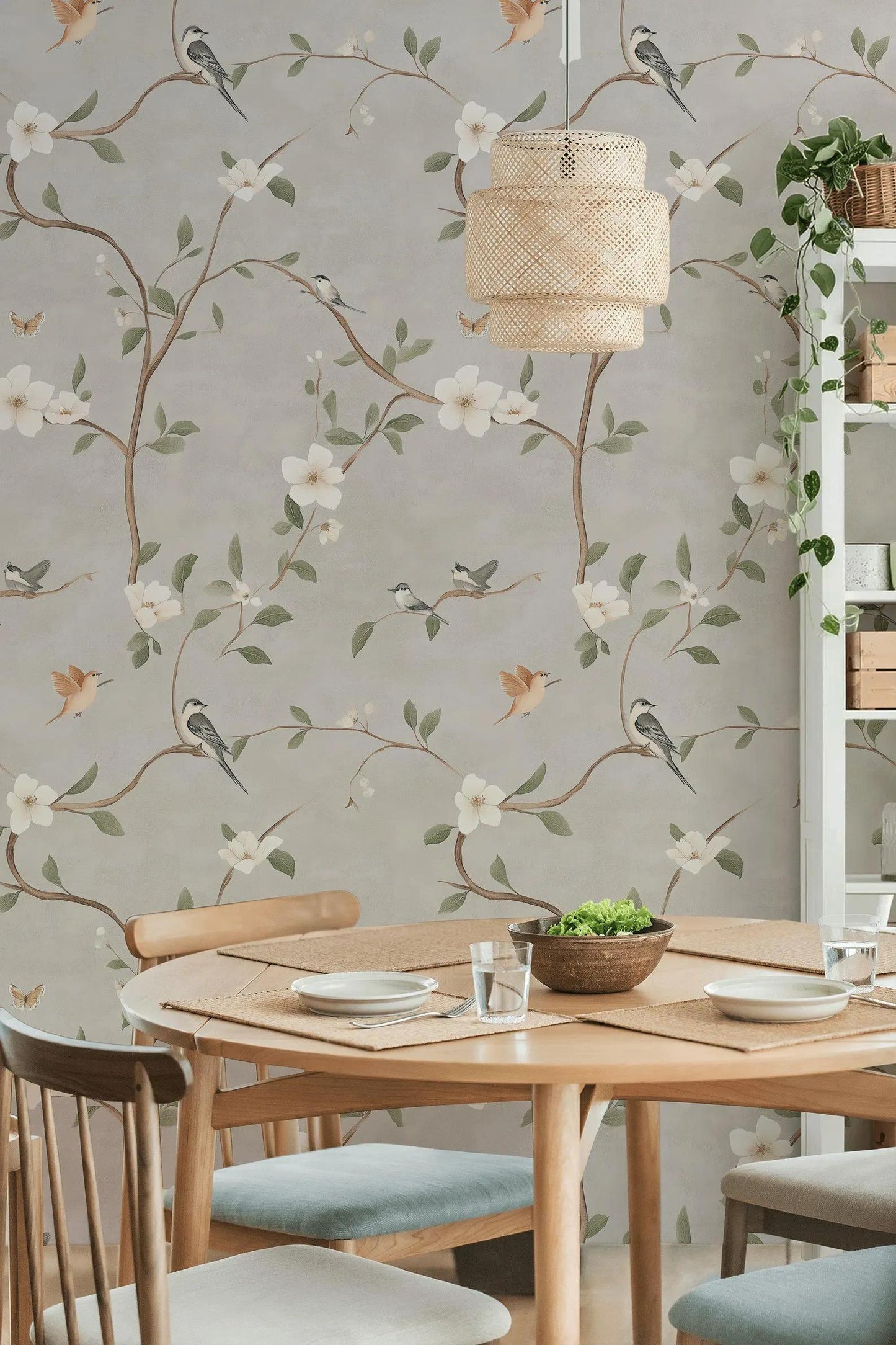 Birds and Flowers on Beige Background Wallpaper, Vintage Floral Pattern Wallpaper, Romantic Drawing Mural, Elegant Chinoiserie Wallpaper