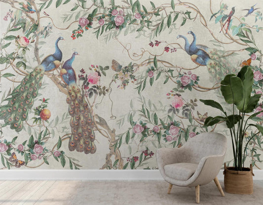 Peacocks in Rose Garden Wallpaper with Beige Background, Vintage Floral Pattern Wallpaper, Romantic Mural, Elegant Chinoiserie Wallpaper