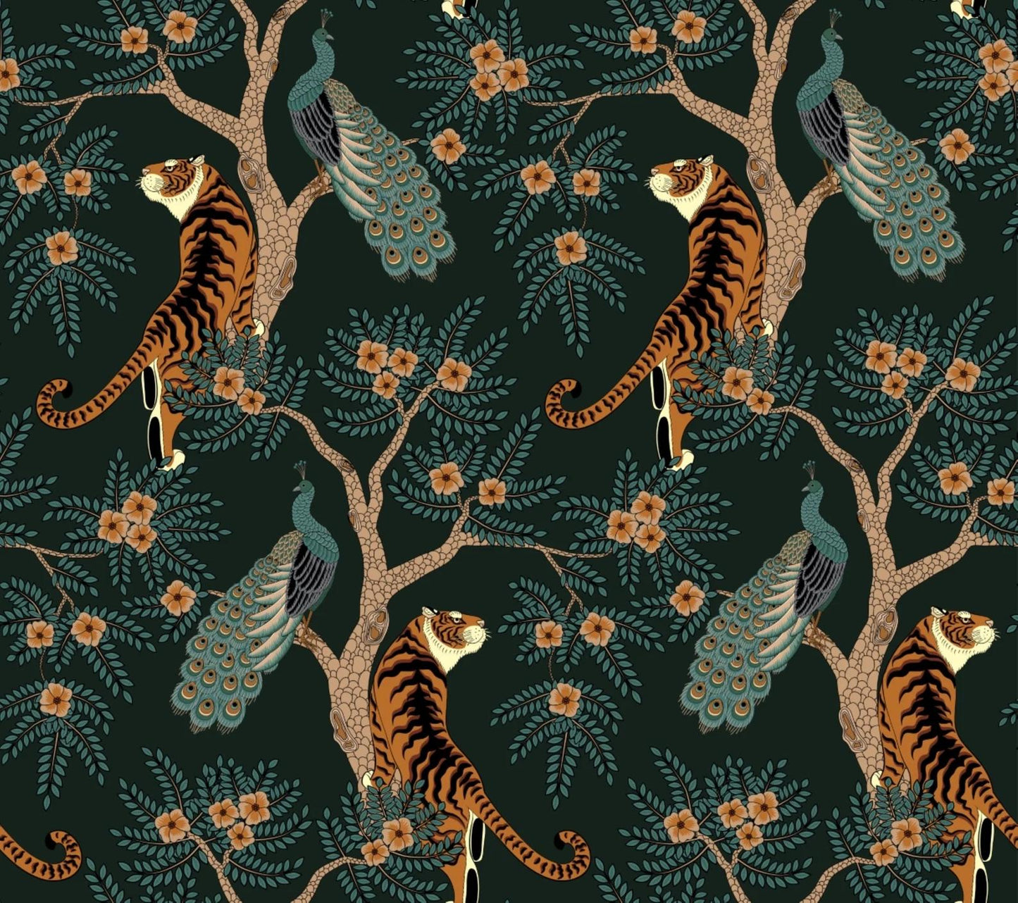 Tigers With Exotic Trees Wallpaper, Dark Botanical Wallpaper, Black Wallpaper, Green Exotic Plants on Black Background Wallpaper